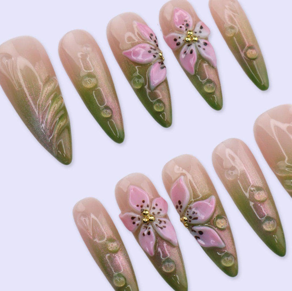Green & Pink Floral Press On Nails with 3D Flower And Aura Ombre | Long Almond Fake Nails | Spring Handmade Nails