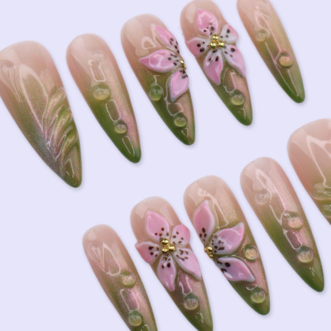 Green & Pink Floral Press On Nails with 3D Flower And Aura Ombre | Long Almond Fake Nails | Spring Handmade Nails