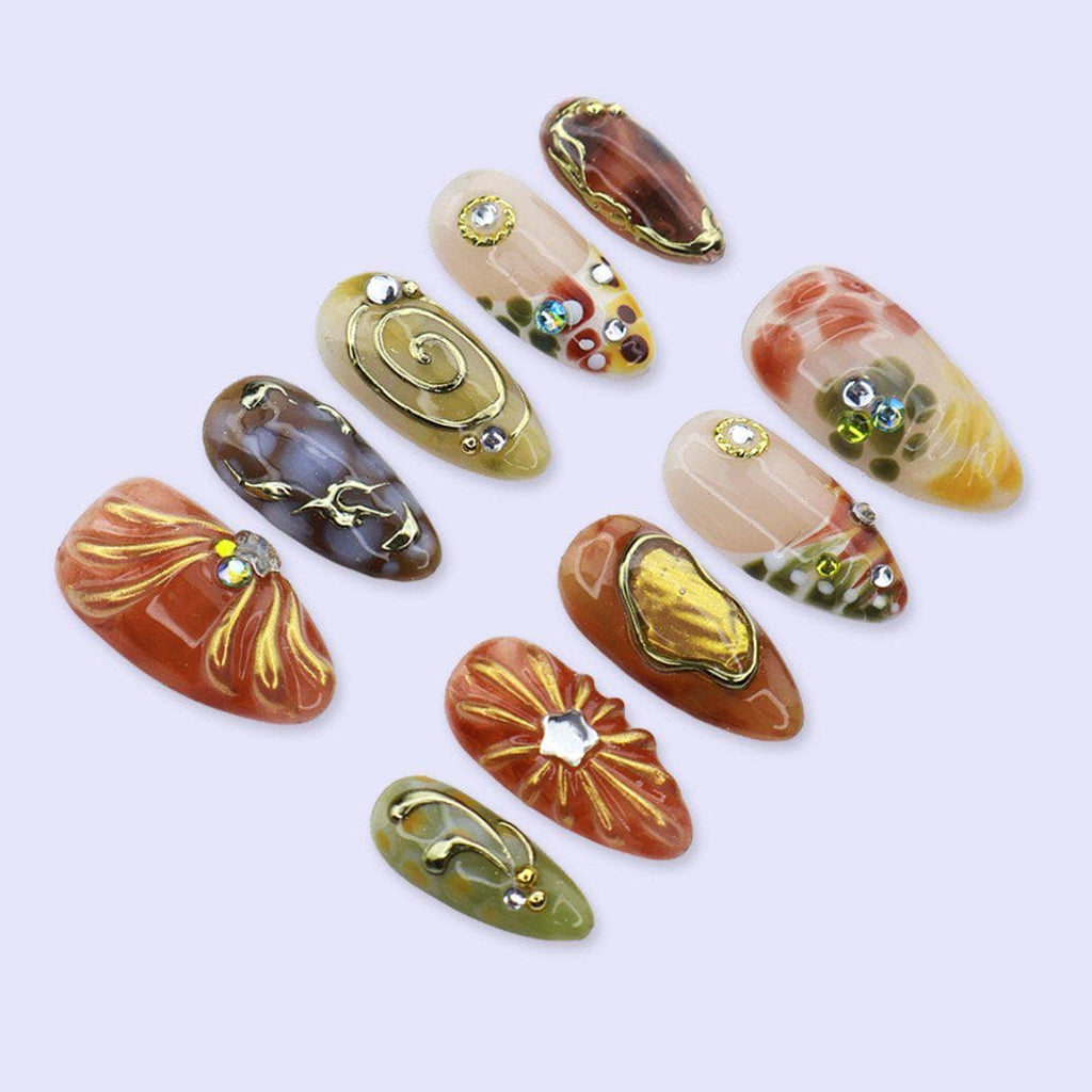 Abstract Earth Tone Press On Nails with Gold Chrome & Aura Marble | Medium Almond Fake Nails | Handmade Nails for Fall, Everyday Wear