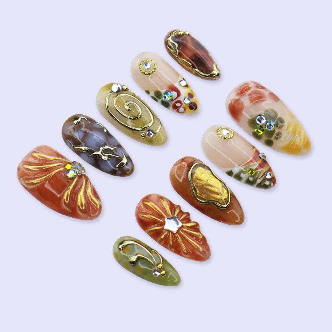 Abstract Earth Tone Press On Nails with Gold Chrome & Aura Marble | Medium Almond Fake Nails | Handmade Nails for Fall, Everyday Wear