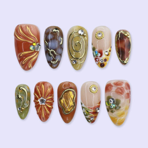 Abstract Earth Tone Press On Nails with Gold Chrome & Aura Marble | Medium Almond Fake Nails | Handmade Nails for Fall, Everyday Wear