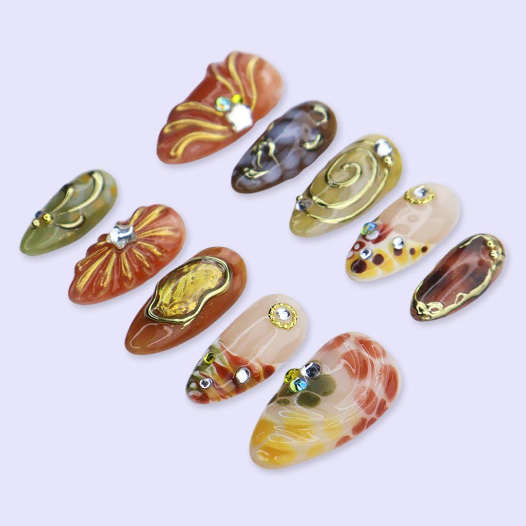 Abstract Earth Tone Press On Nails with Gold Chrome & Aura Marble | Medium Almond Fake Nails | Handmade Nails for Fall, Everyday Wear