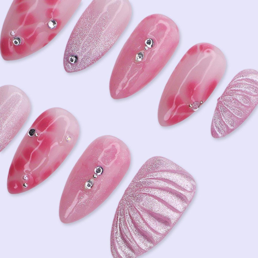 Pink Aura Press On Nails with Airbrush Flower, Glitter & Rhinestone | Medium Almond Fake Nails | Trendy Handmade Nails Art for Everyday Wear
