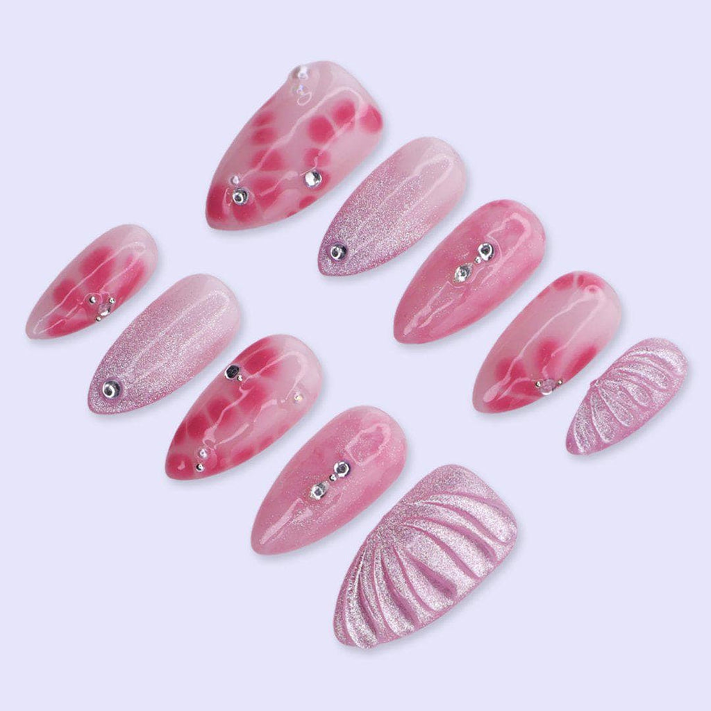 Pink Aura Press On Nails with Airbrush Flower, Glitter & Rhinestone | Medium Almond Fake Nails | Trendy Handmade Nails Art for Everyday Wear