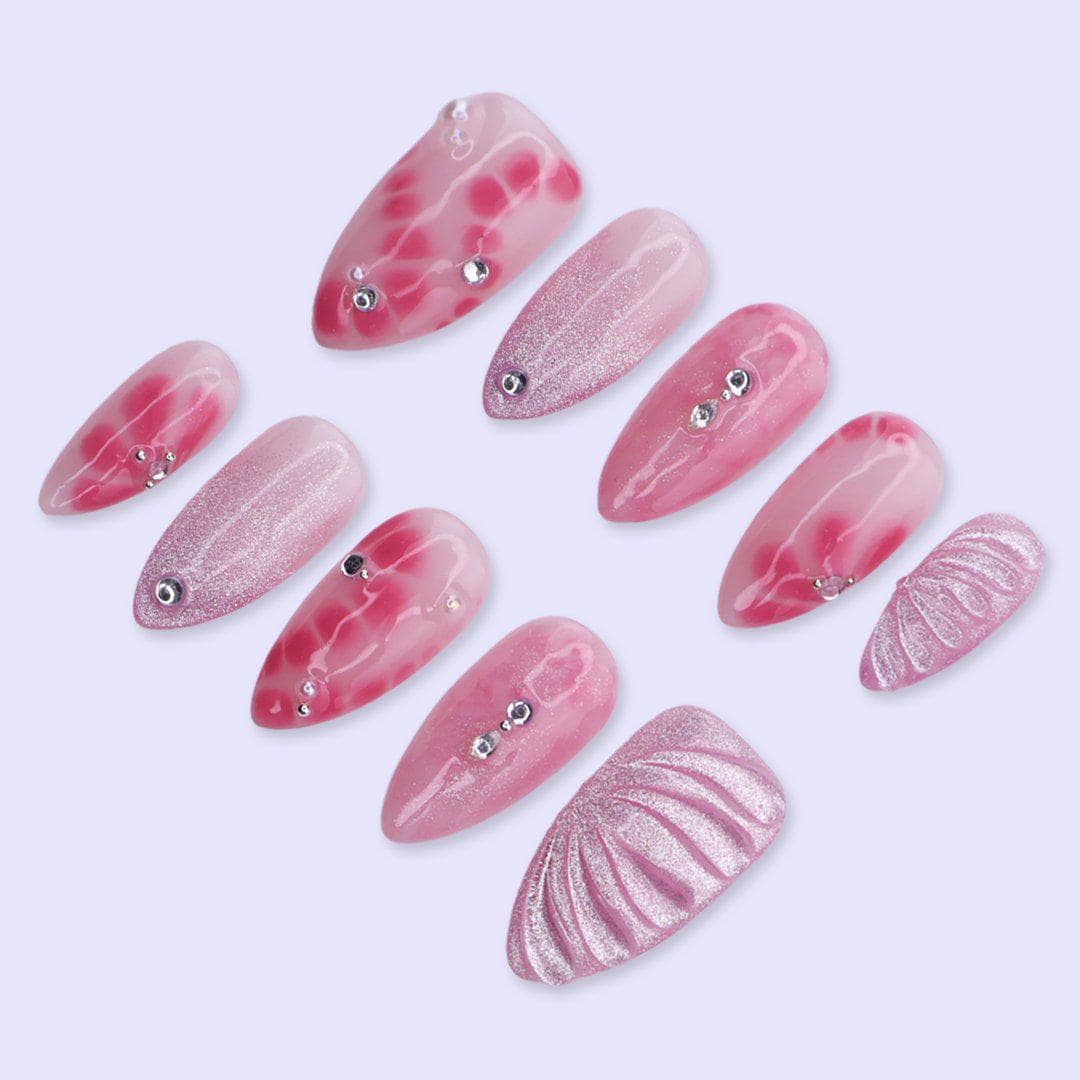 Pink Aura Press On Nails with Airbrush Flower, Glitter & Rhinestone | Medium Almond Fake Nails | Trendy Handmade Nails Art for Everyday Wear