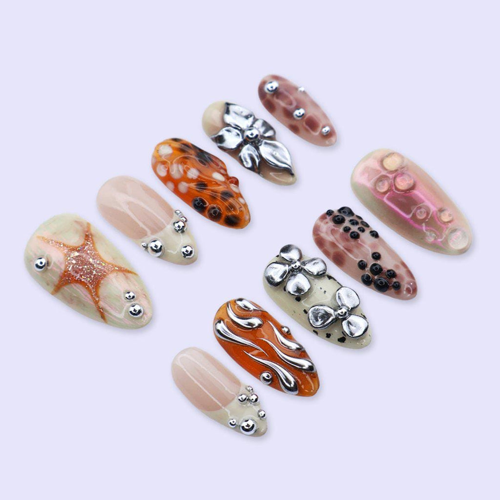 Free Style Chrome Flower Press On Nails with Aura Marble & 3D Details | Medium Almond Fake Nails | Handmade Nails for Trendy Everyday Wear