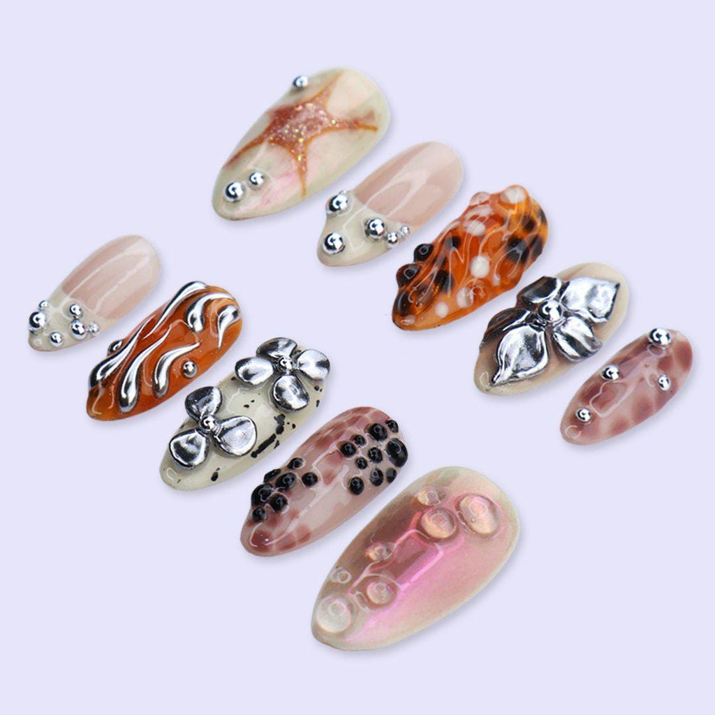 Free Style Chrome Flower Press On Nails with Aura Marble & 3D Details | Medium Almond Fake Nails | Handmade Nails for Trendy Everyday Wear