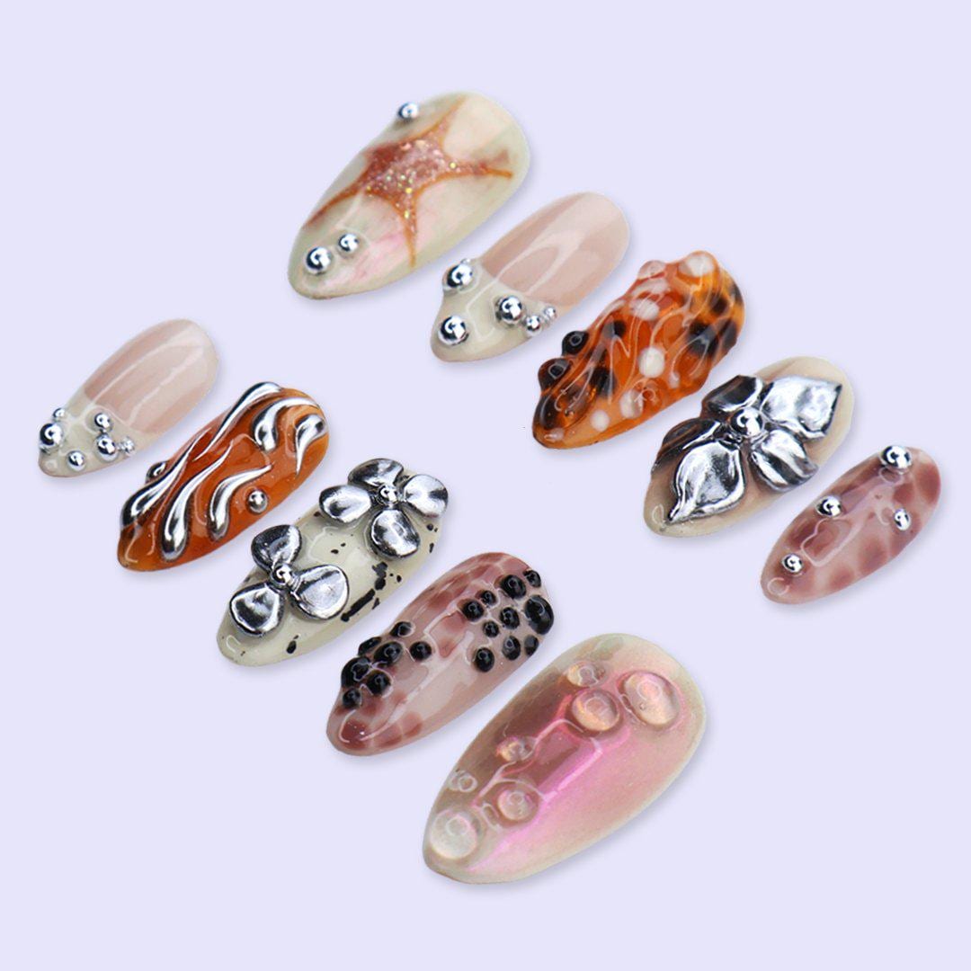 Free Style Chrome Flower Press On Nails with Aura Marble & 3D Details | Medium Almond Fake Nails | Handmade Nails for Trendy Everyday Wear