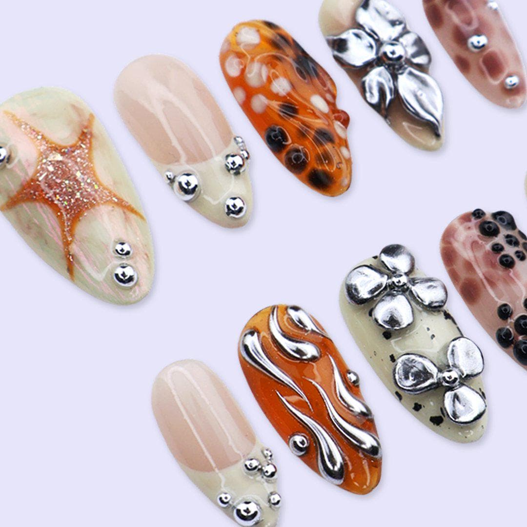 Free Style Chrome Flower Press On Nails with Aura Marble & 3D Details | Medium Almond Fake Nails | Handmade Nails for Trendy Everyday Wear