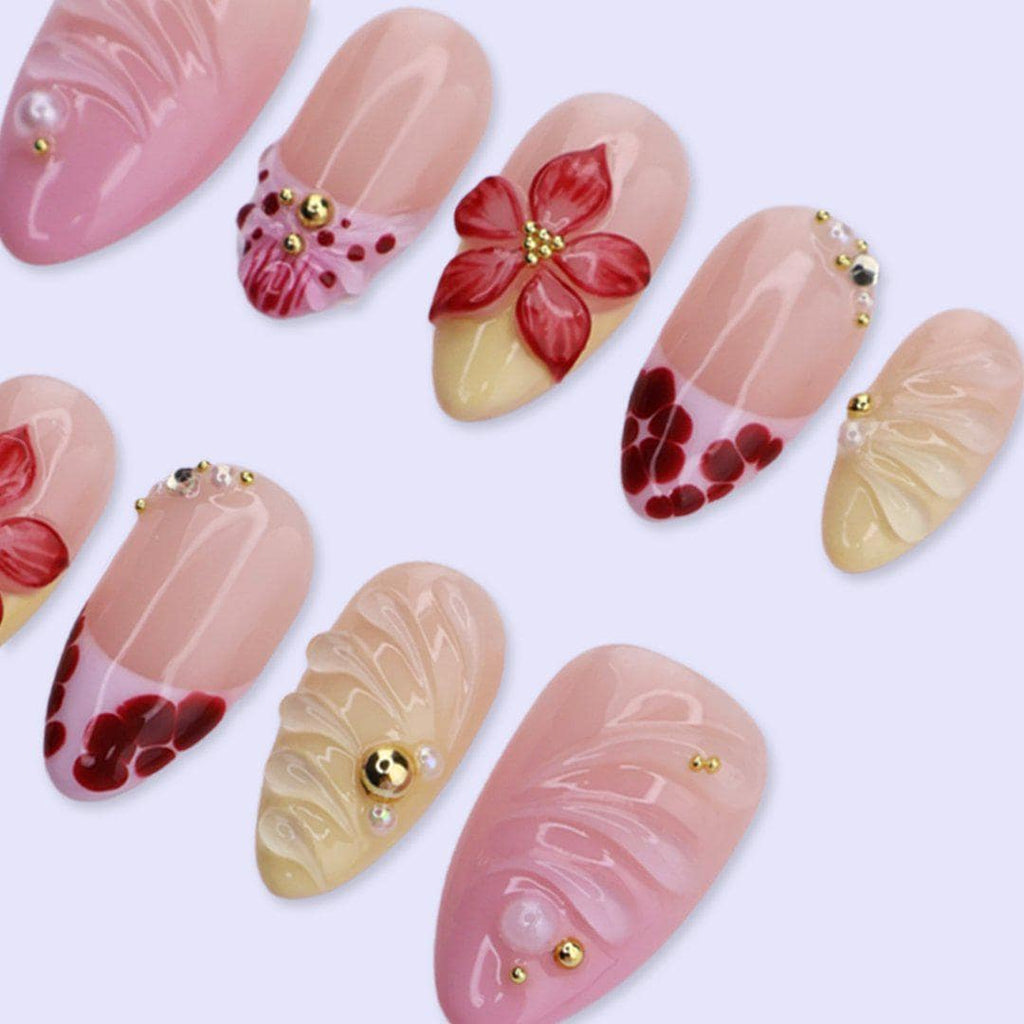 Summer Pink & Red Press On Nails with 3D Flower, Heart Tip, Jelly Texture | Medium Almond Fake Nails | Cute Handmade Nails Art for Vacation
