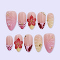 Summer Pink & Red Press On Nails with 3D Flower, Heart Tip, Jelly Texture | Medium Almond Fake Nails | Cute Handmade Nails Art for Vacation