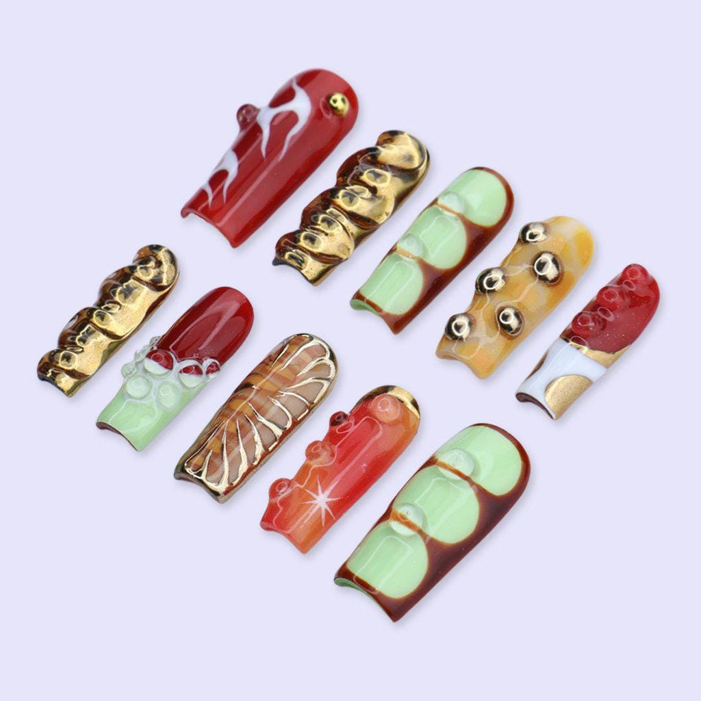 Y2K Press On Nails with Gold Chrome & Retro Colorblock Design | Long Square Fake Nails | Handmade Nails Art for Festival, Streetwear Looks