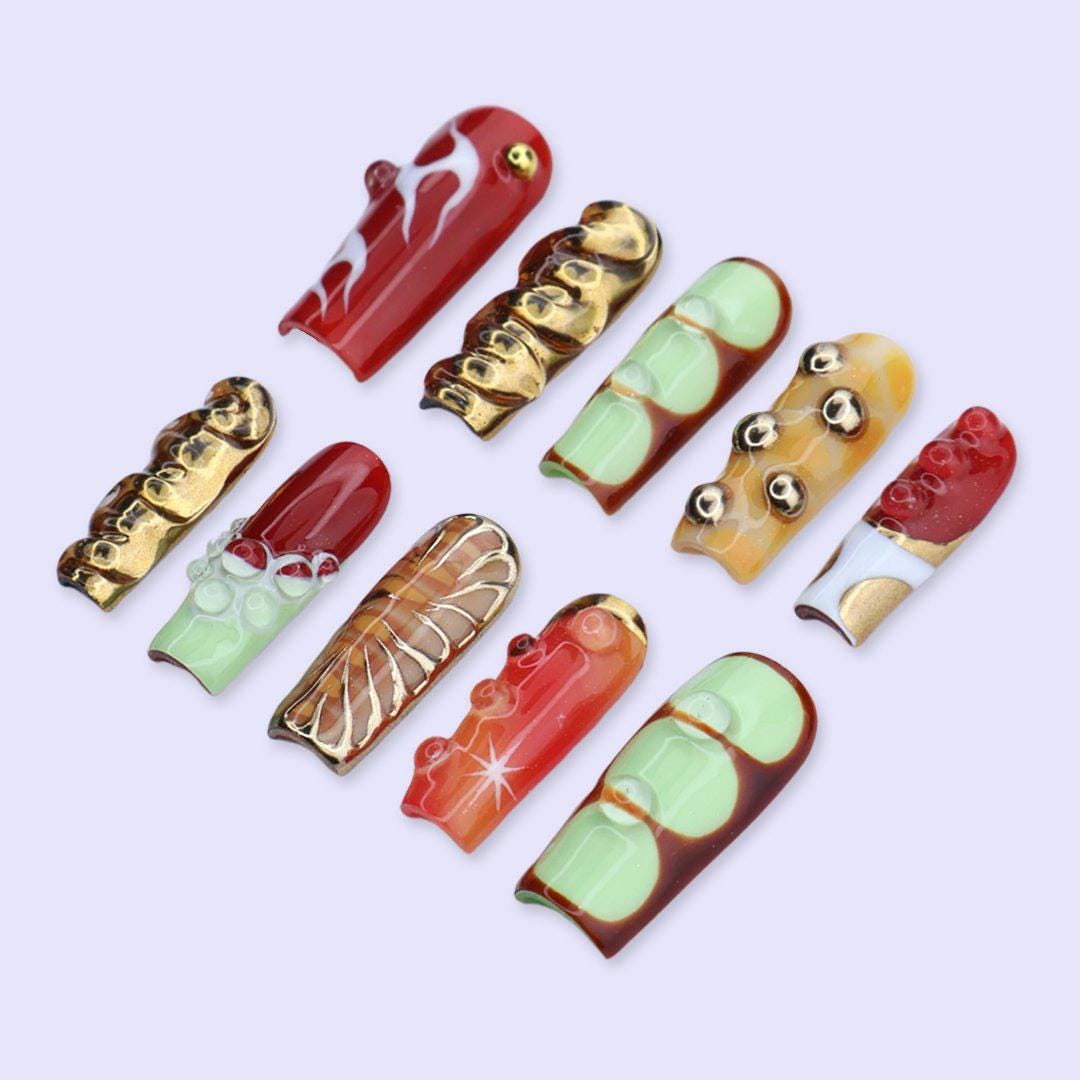 Y2K Press On Nails with Gold Chrome & Retro Colorblock Design | Long Square Fake Nails | Handmade Nails Art for Festival, Streetwear Looks