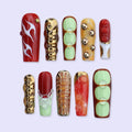 Y2K Press On Nails with Gold Chrome & Retro Colorblock Design | Long Square Fake Nails | Handmade Nails Art for Festival, Streetwear Looks