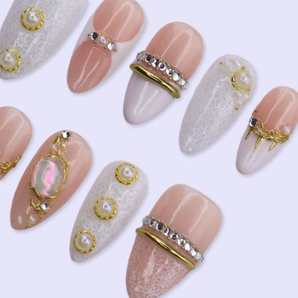 Luxury Nude & White Press On Nails with Pearl, Gold Chainu, Lace Texture | Medium Almond Fake Nails | Elegant Bridal Handmade Nails