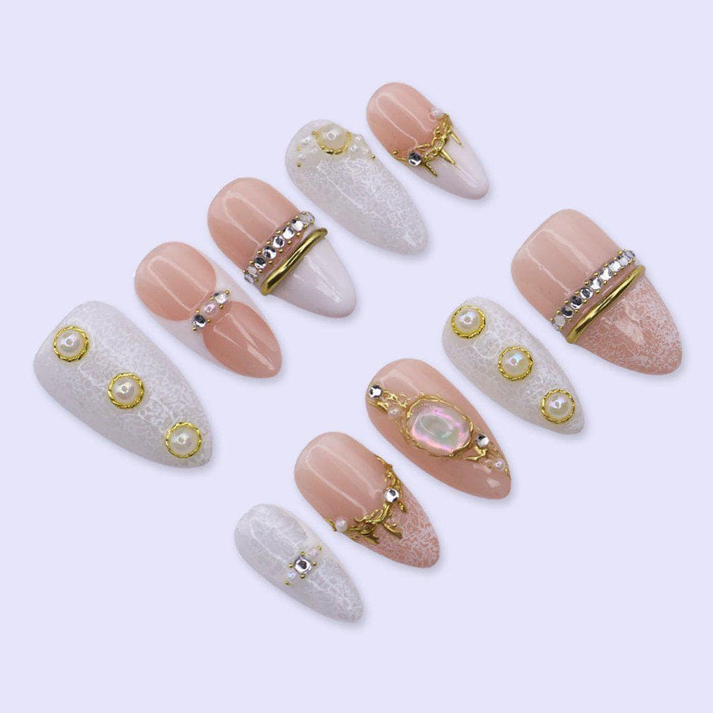 Luxury Nude & White Press On Nails with Pearl, Gold Chainu, Lace Texture | Medium Almond Fake Nails | Elegant Bridal Handmade Nails