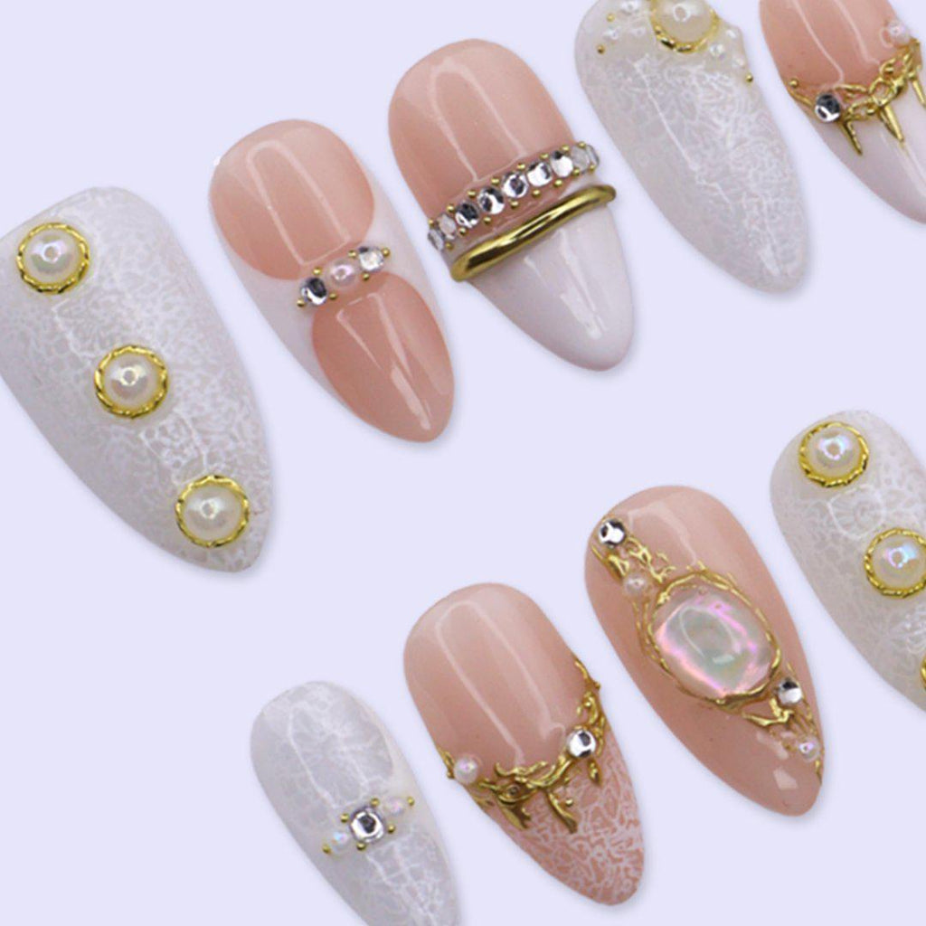 Luxury Nude & White Press On Nails with Pearl, Gold Chainu, Lace Texture | Medium Almond Fake Nails | Elegant Bridal Handmade Nails