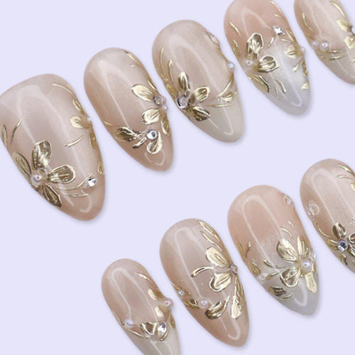 Champagne Gold Floral Press On Nails with Pearl & Rhinestone | Medium Almond Fake Nails | Elegant Prom Handmade Nails