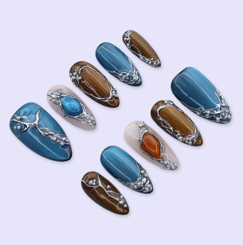 Y2K Press On Nails with Silver Chrome, Cat Eye Effect | Medium Almond Fake Nails | Handmade Nails Art for Party, Night Out, Streetwear Looks