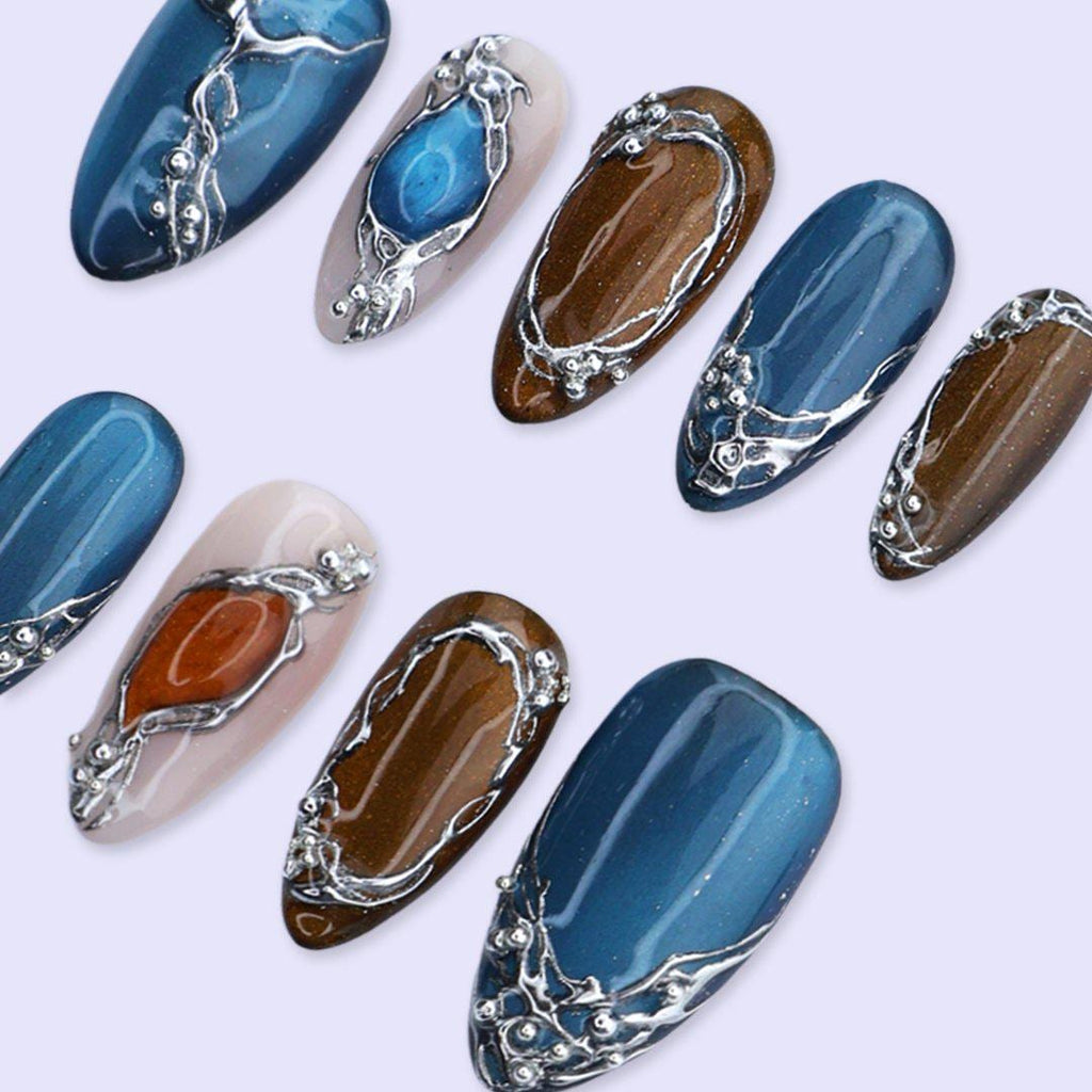 Y2K Press On Nails with Silver Chrome, Cat Eye Effect | Medium Almond Fake Nails | Handmade Nails Art for Party, Night Out, Streetwear Looks