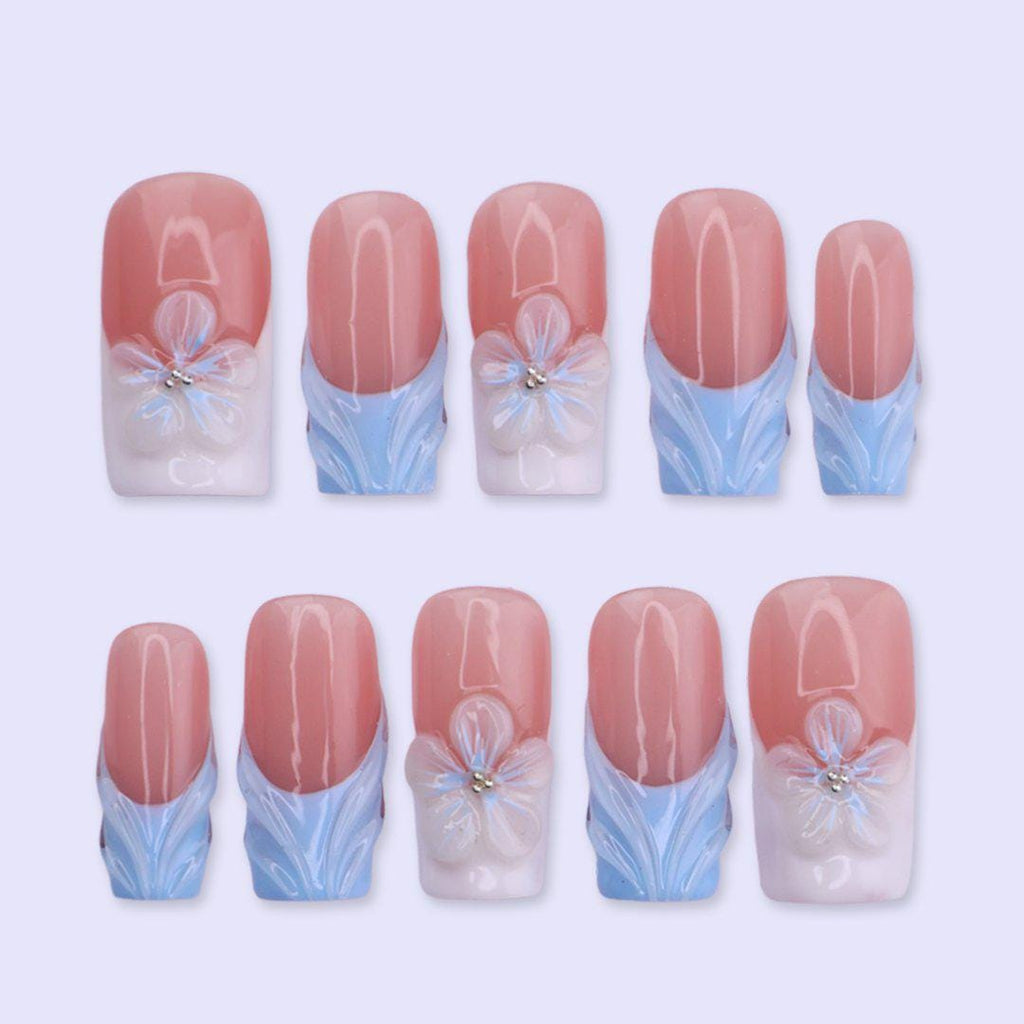 Soft Pink & Blue Press On Nails with 3D Flower | Medium Square Fake Nails | Minimal Summer Handmade Nails