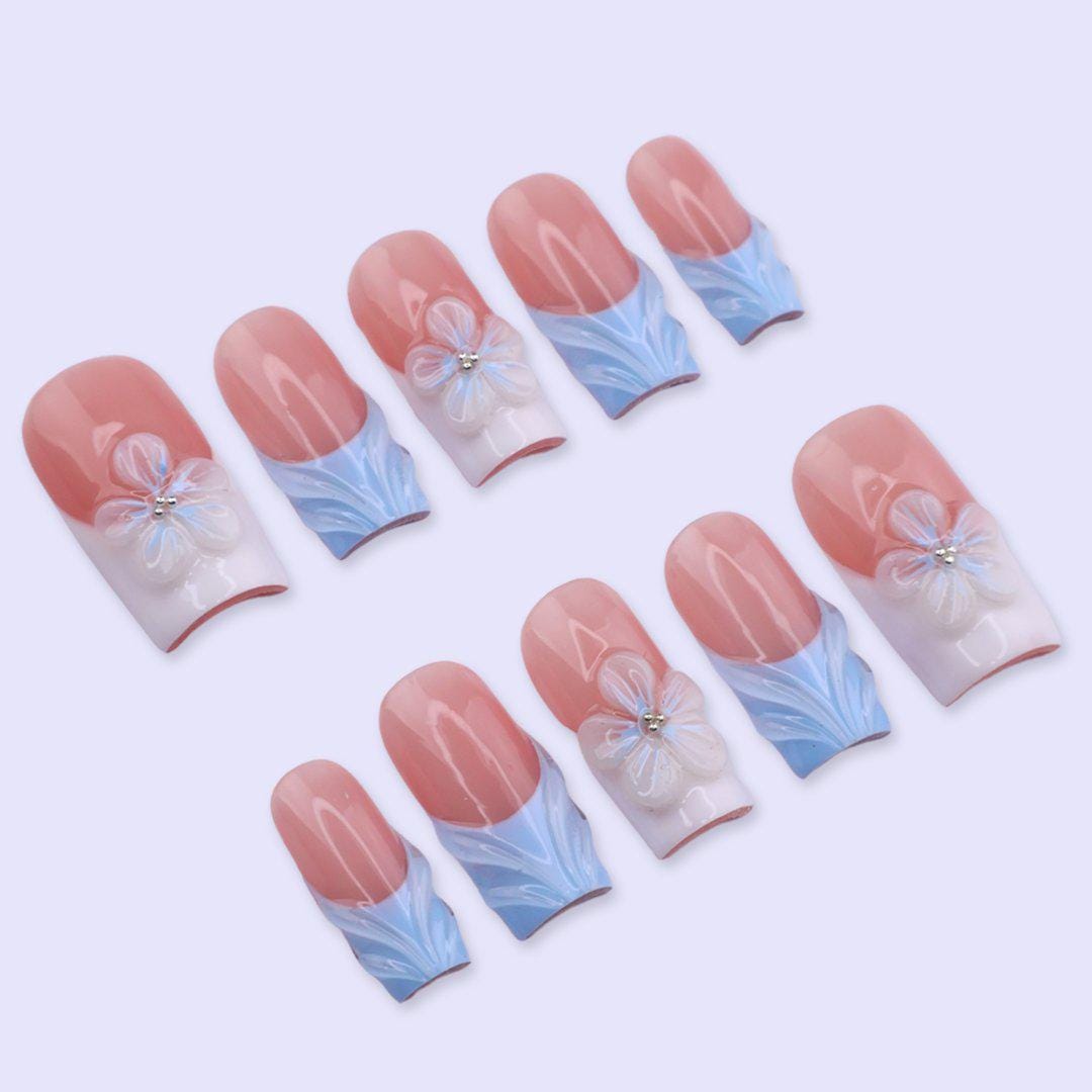 Soft Pink & Blue Press On Nails with 3D Flower | Medium Square Fake Nails | Minimal Summer Handmade Nails