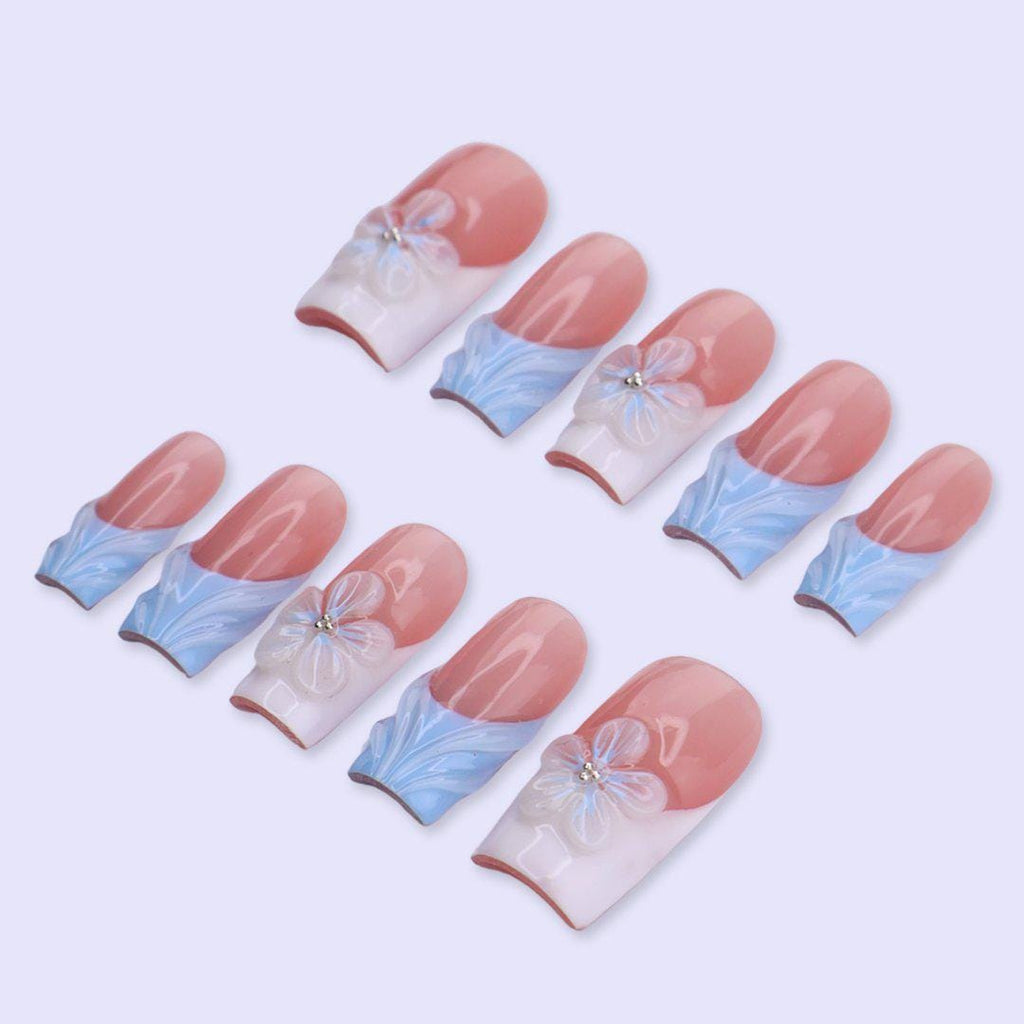 Soft Pink & Blue Press On Nails with 3D Flower | Medium Square Fake Nails | Minimal Summer Handmade Nails