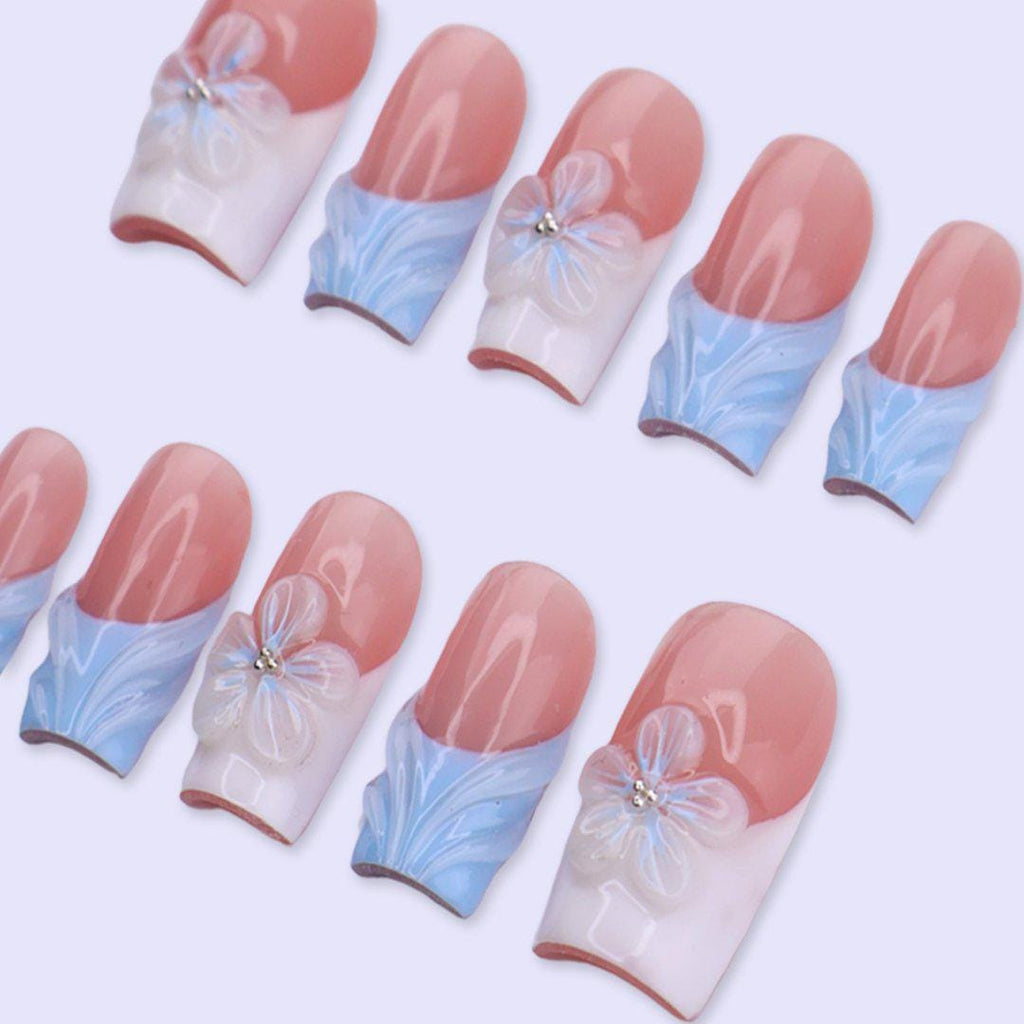 Soft Pink & Blue Press On Nails with 3D Flower | Medium Square Fake Nails | Minimal Summer Handmade Nails