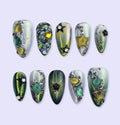 Y2K Press On Nails with Green Chrome, Star Charms | Medium Almond Fake Nails | Handmade Nails Art for Party, Festival & Streetwear Looks