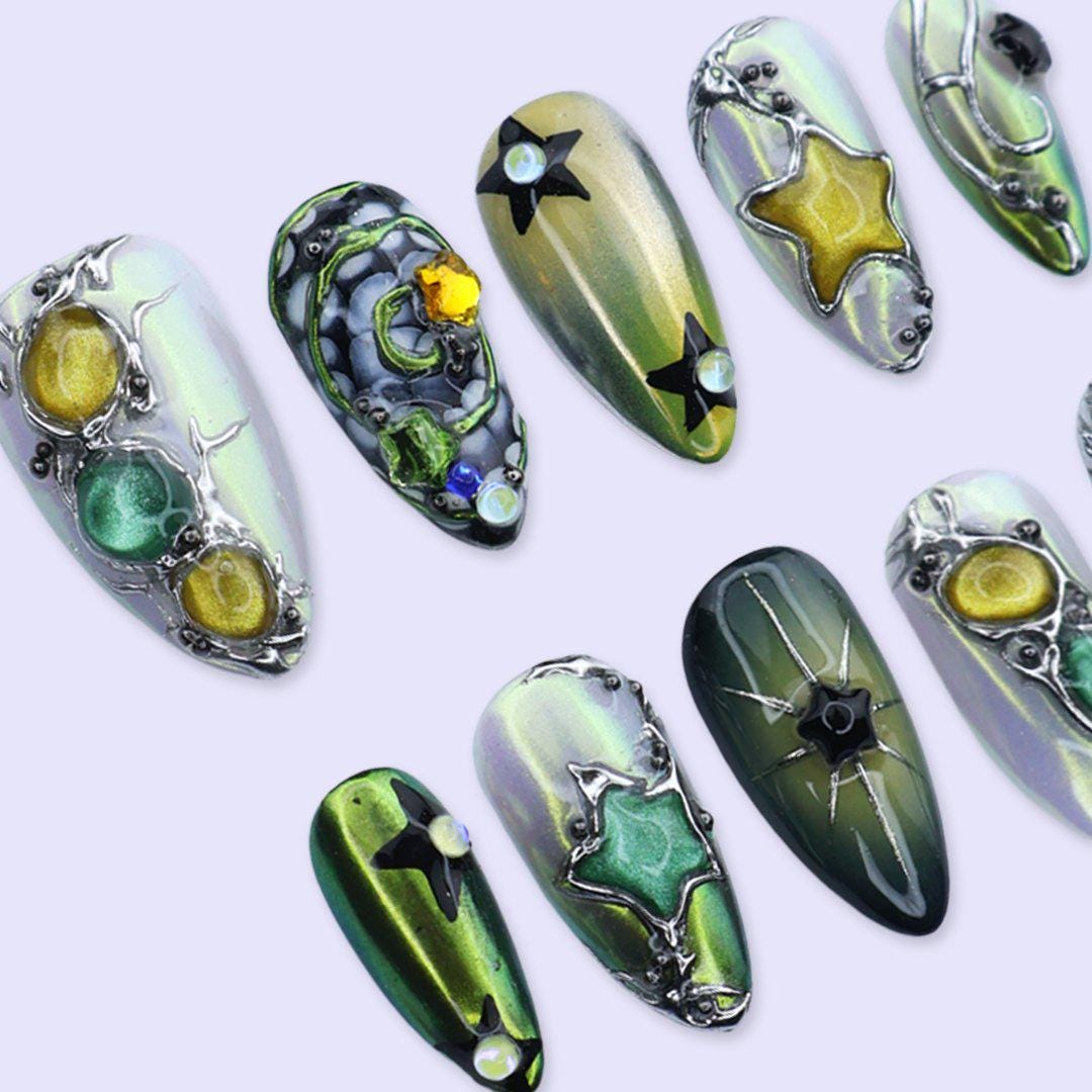 Y2K Press On Nails with Green Chrome, Star Charms | Medium Almond Fake Nails | Handmade Nails Art for Party, Festival & Streetwear Looks
