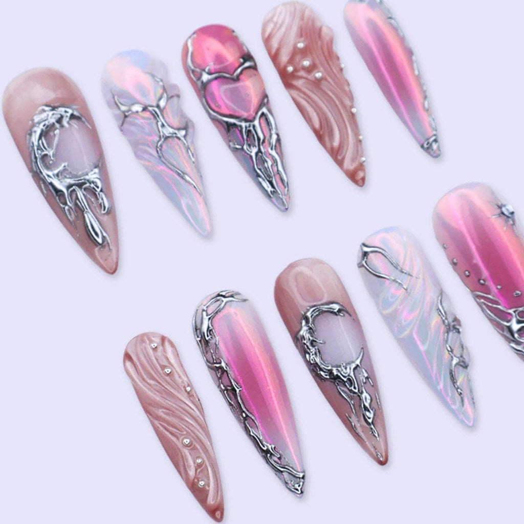 Y2K Press On Nails with Pink, Silver Chrome and 3D Heart | Long Stiletto Fake Nails | Handmade Nails Art for Party, Birthday & Glam Looks