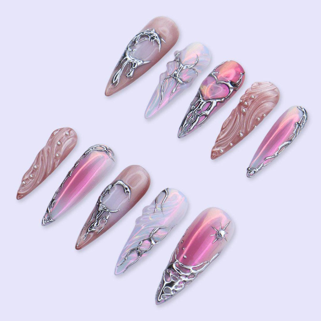 Y2K Press On Nails with Pink, Silver Chrome and 3D Heart | Long Stiletto Fake Nails | Handmade Nails Art for Party, Birthday & Glam Looks