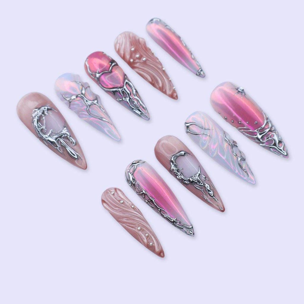 Y2K Press On Nails with Pink, Silver Chrome and 3D Heart | Long Stiletto Fake Nails | Handmade Nails Art for Party, Birthday & Glam Looks