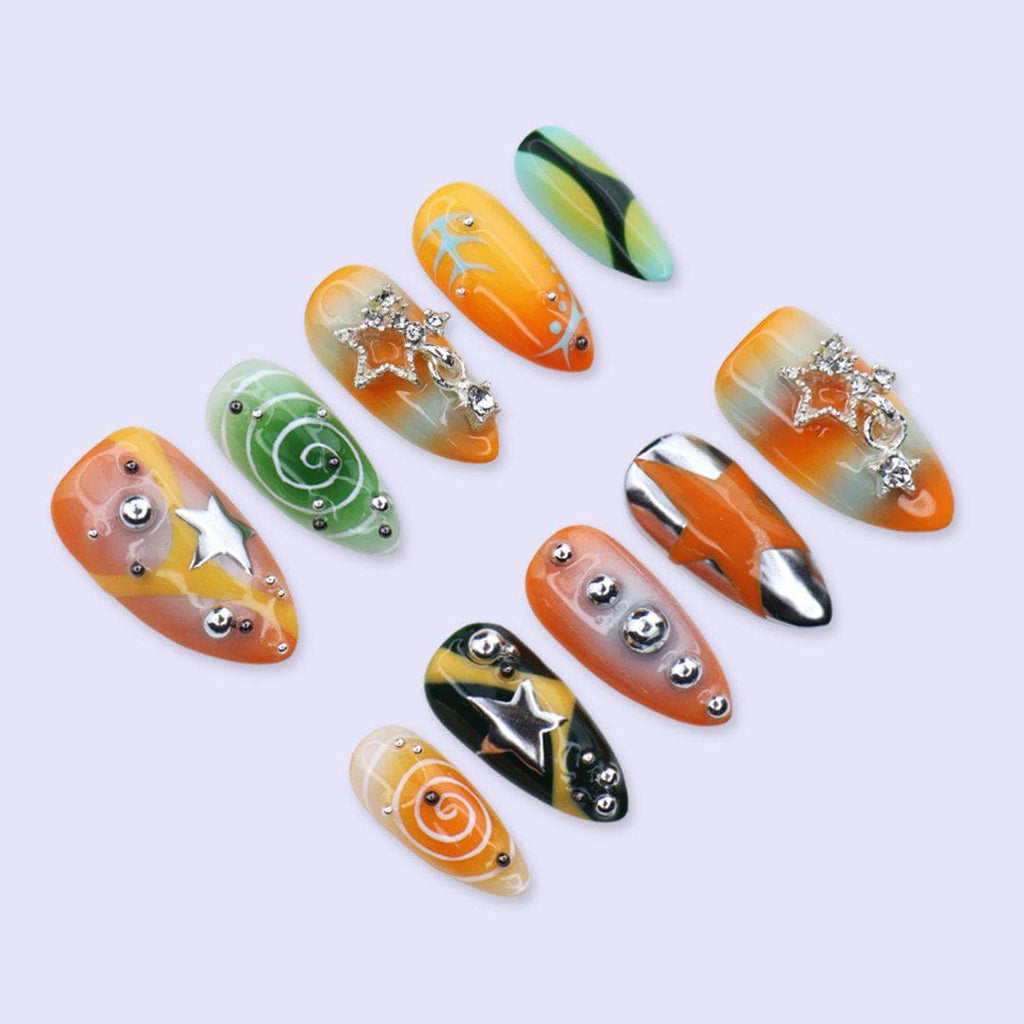 Y2K Press On Nails with 3D Star Charms & Retro Swirl Design | Medium Almond Fake Nails | Handmade Nails Art for Festival, Streetwear Looks