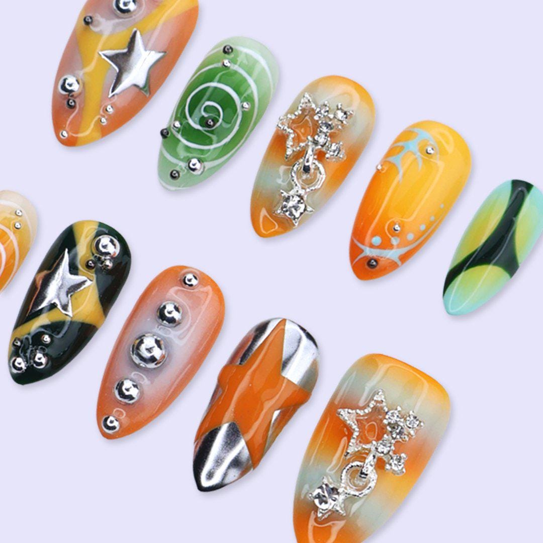 Y2K Press On Nails with 3D Star Charms & Retro Swirl Design | Medium Almond Fake Nails | Handmade Nails Art for Festival, Streetwear Looks