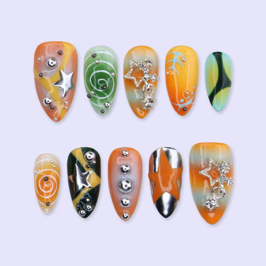 Y2K Press On Nails with 3D Star Charms & Retro Swirl Design | Medium Almond Fake Nails | Handmade Nails Art for Festival, Streetwear Looks