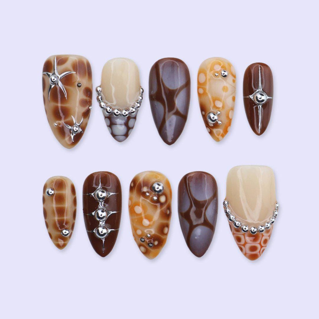 Y2K Press On Nails with Abstract Aura Design, Chrome Studs | Medium Almond Fake Nails | Handmade Nails Art for Fall, Streetwear Looks