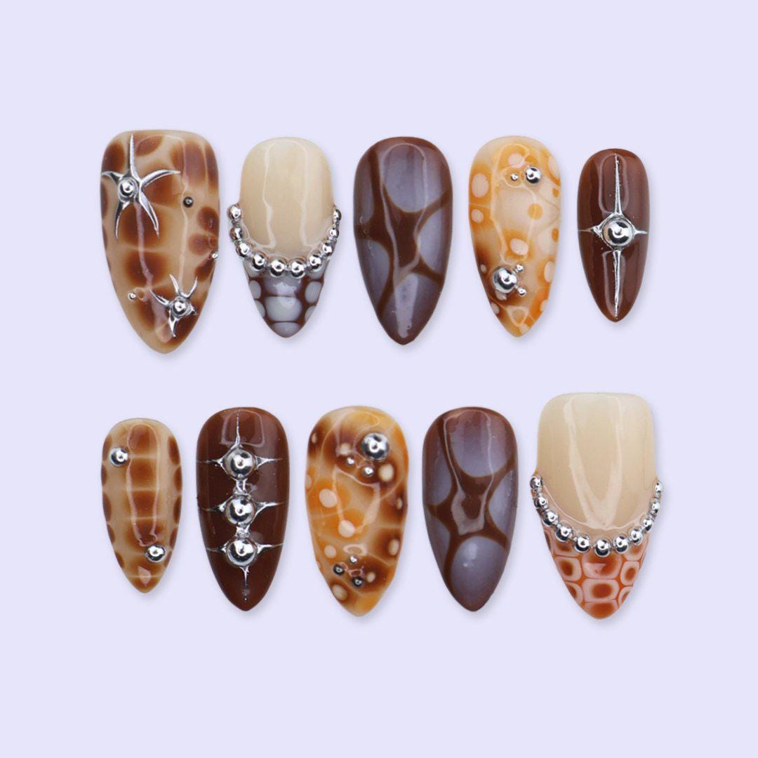 Y2K Press On Nails with Abstract Aura Design, Chrome Studs | Medium Almond Fake Nails | Handmade Nails Art for Fall, Streetwear Looks