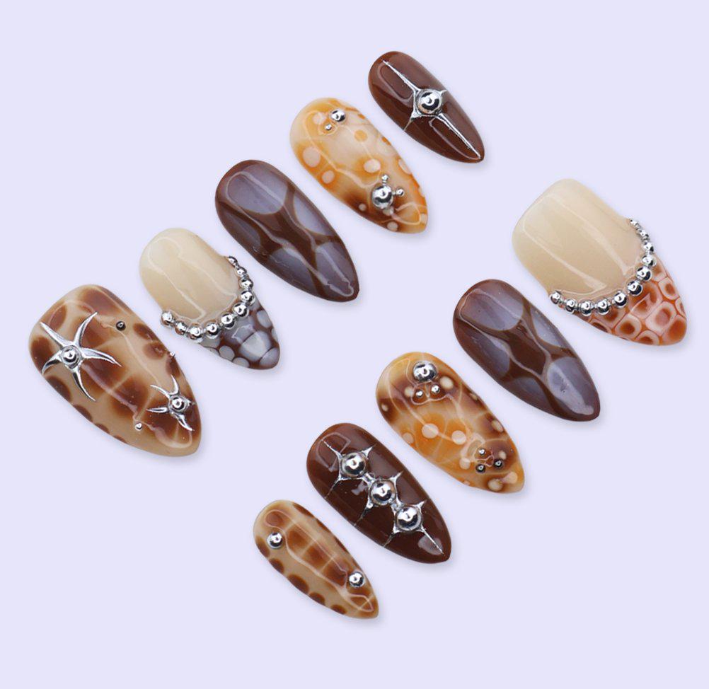 Y2K Press On Nails with Abstract Aura Design, Chrome Studs | Medium Almond Fake Nails | Handmade Nails Art for Fall, Streetwear Looks