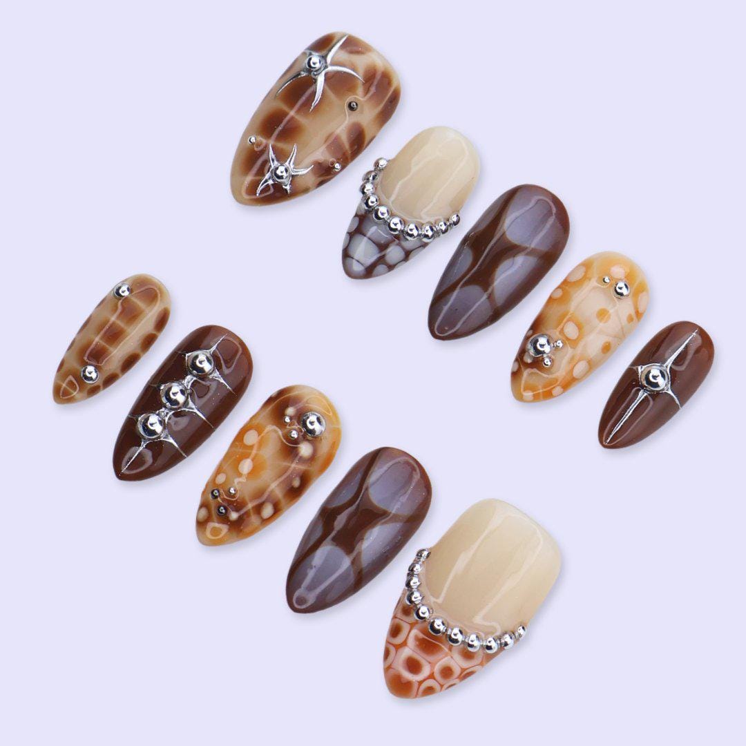 Y2K Press On Nails with Abstract Aura Design, Chrome Studs | Medium Almond Fake Nails | Handmade Nails Art for Fall, Streetwear Looks
