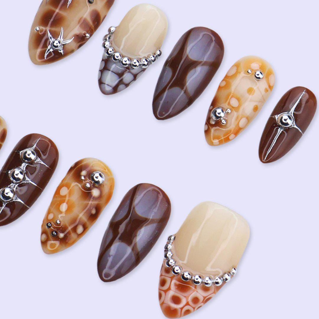 Y2K Press On Nails with Abstract Aura Design, Chrome Studs | Medium Almond Fake Nails | Handmade Nails Art for Fall, Streetwear Looks