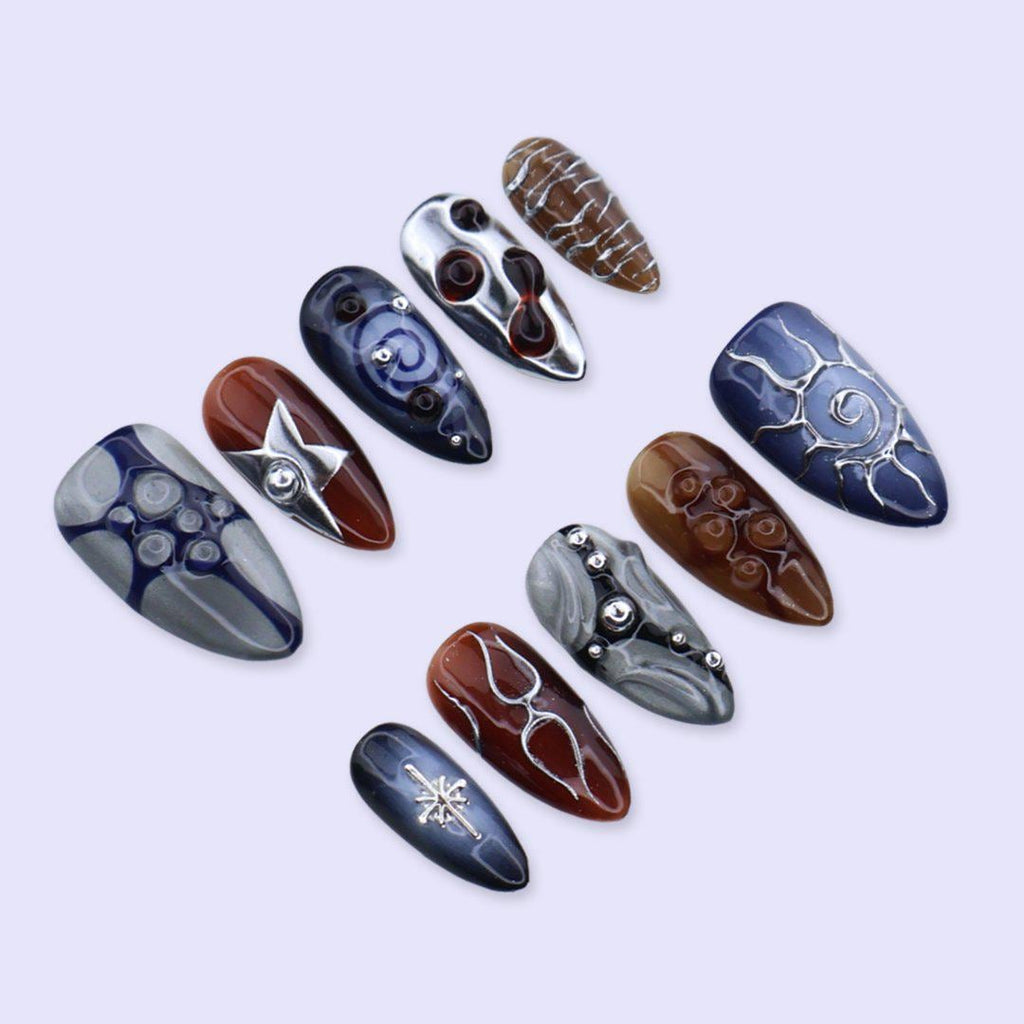 Y2K Press On Nails with Silver Chrome & Metallic Cat Eye Design | Medium Almond Fake Nails | Handmade Nails Art for Party or Night Out Looks