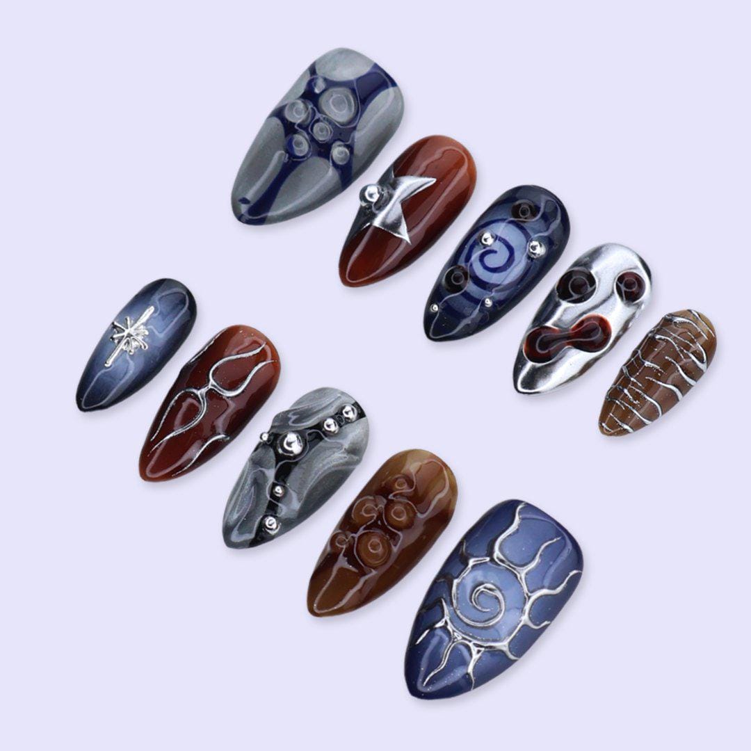 Y2K Press On Nails with Silver Chrome & Metallic Cat Eye Design | Medium Almond Fake Nails | Handmade Nails Art for Party or Night Out Looks