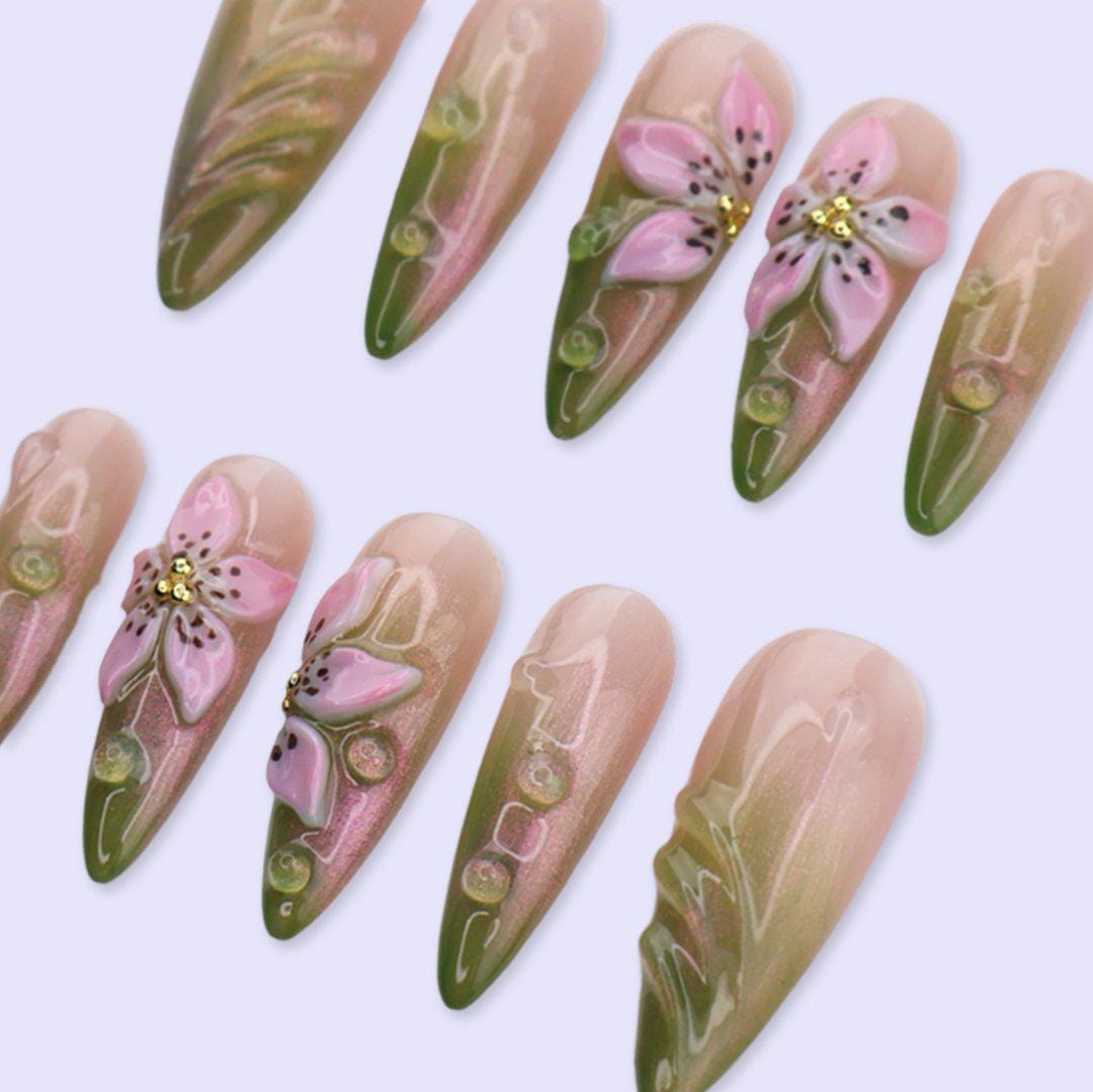 Green & Pink Floral Press On Nails with 3D Flower And Aura Ombre | Long Almond Fake Nails | Spring Handmade Nails