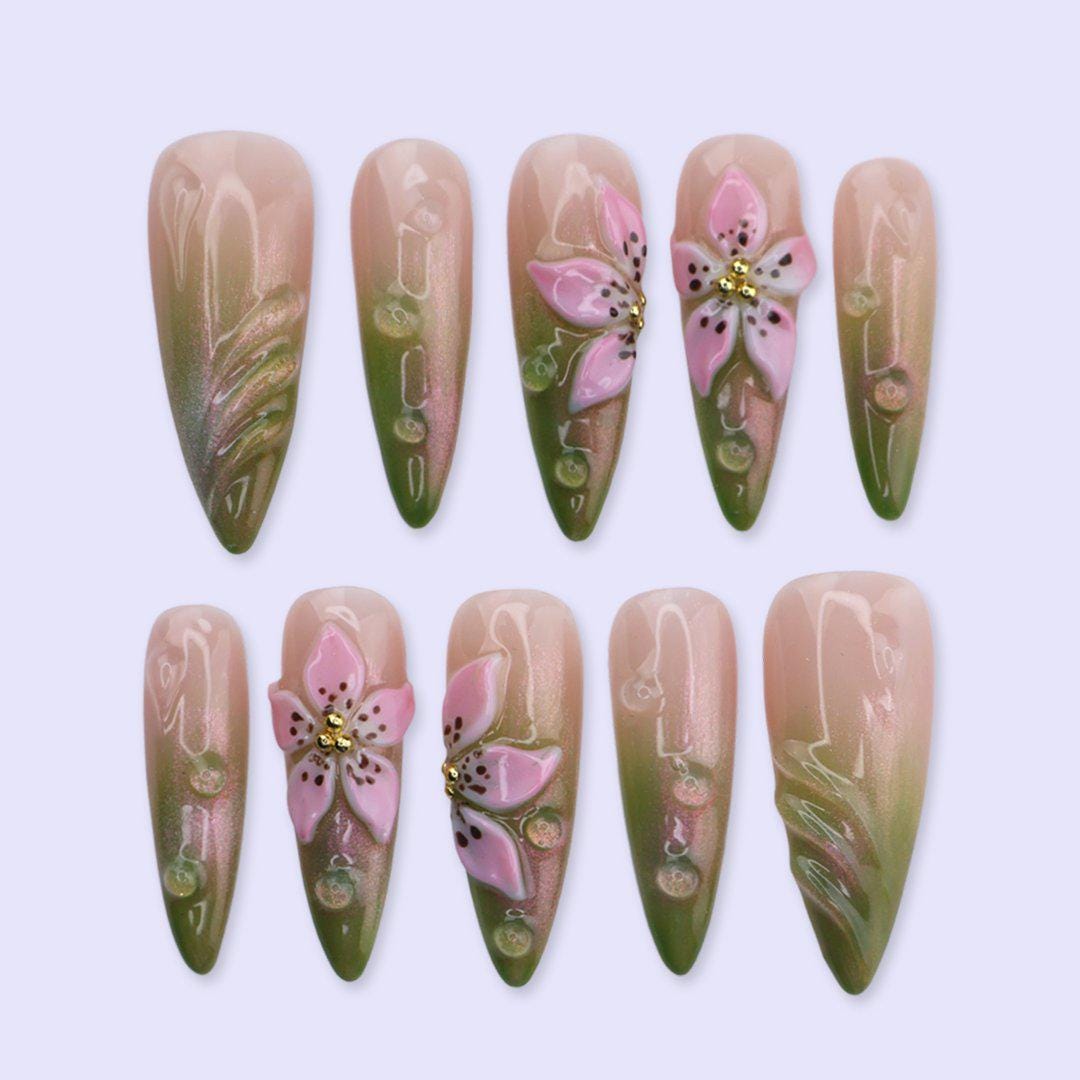 Green & Pink Floral Press On Nails with 3D Flower And Aura Ombre | Long Almond Fake Nails | Spring Handmade Nails