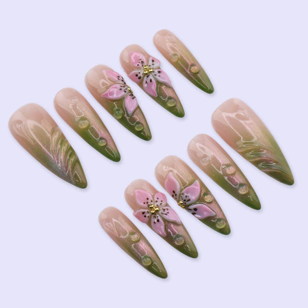 Green & Pink Floral Press On Nails with 3D Flower And Aura Ombre | Long Almond Fake Nails | Spring Handmade Nails
