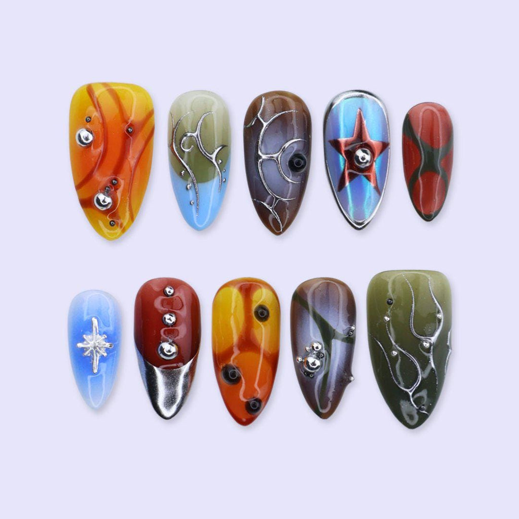 Y2K Press On Nails with Chrome Star, Abstract Aura Art | Medium Almond Fake Nails | Handmade Nails Art for Festival, Streetwear, Party Looks