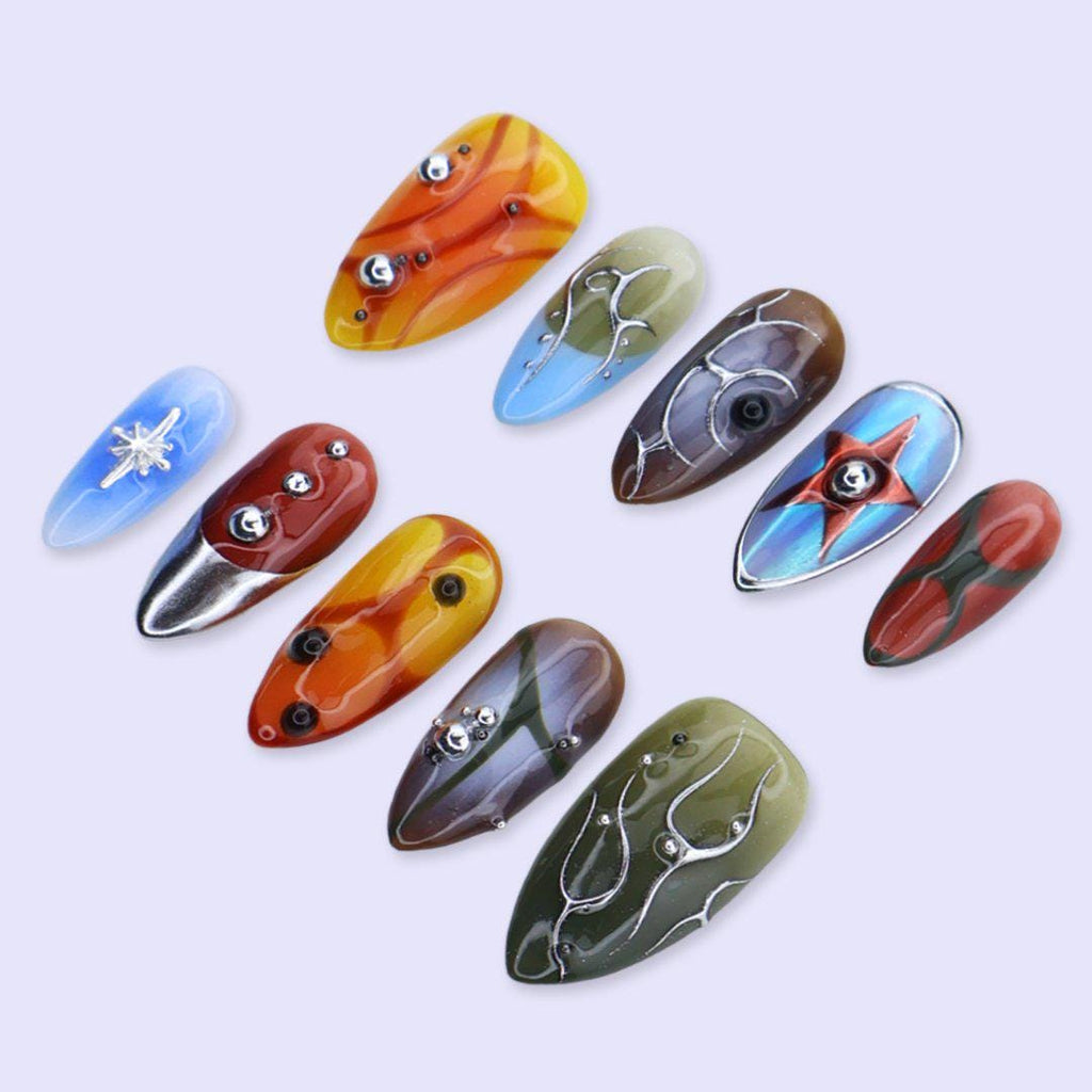 Y2K Press On Nails with Chrome Star, Abstract Aura Art | Medium Almond Fake Nails | Handmade Nails Art for Festival, Streetwear, Party Looks