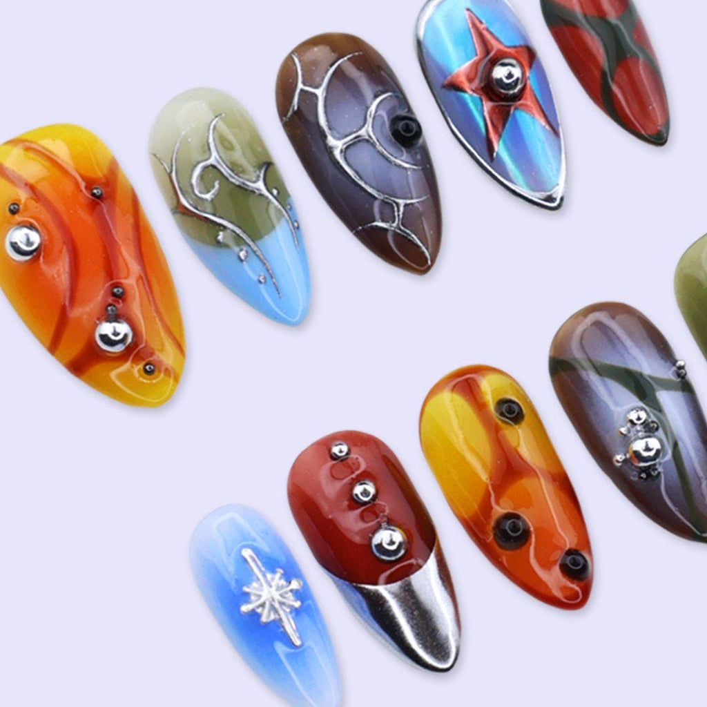 Y2K Press On Nails with Chrome Star, Abstract Aura Art | Medium Almond Fake Nails | Handmade Nails Art for Festival, Streetwear, Party Looks
