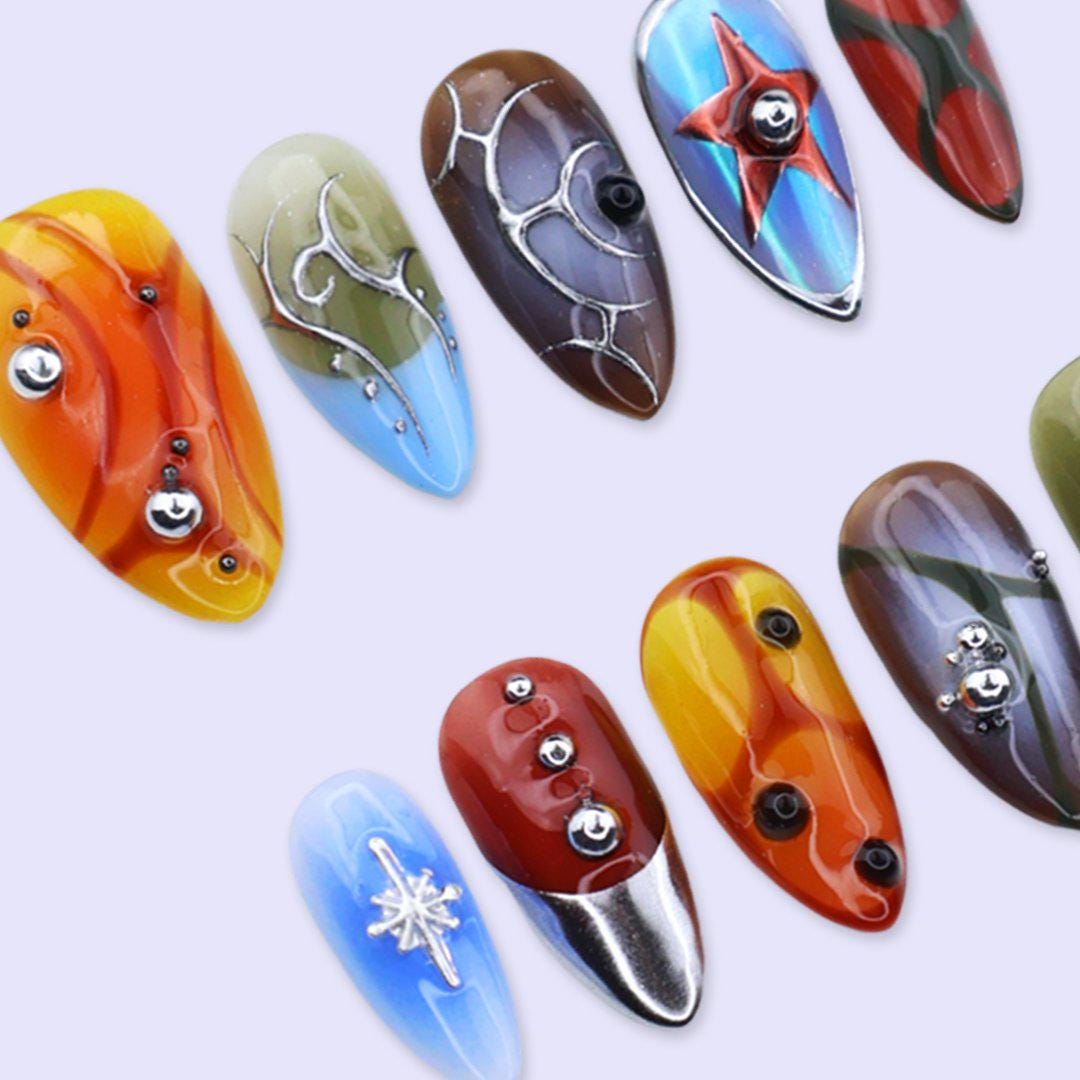 Y2K Press On Nails with Chrome Star, Abstract Aura Art | Medium Almond Fake Nails | Handmade Nails Art for Festival, Streetwear, Party Looks